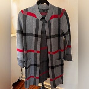 Tahari Gray and Red Plaid Open Front Cardigan